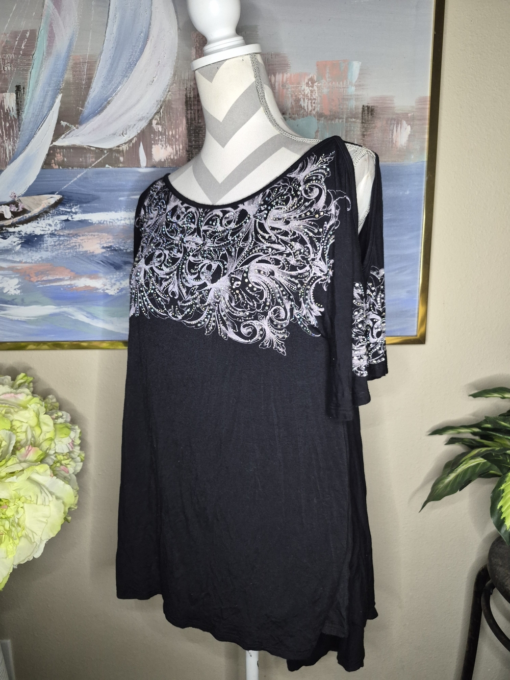 Vocal Black Cold-Shoulder Tunic with Silver Embellished Swirl